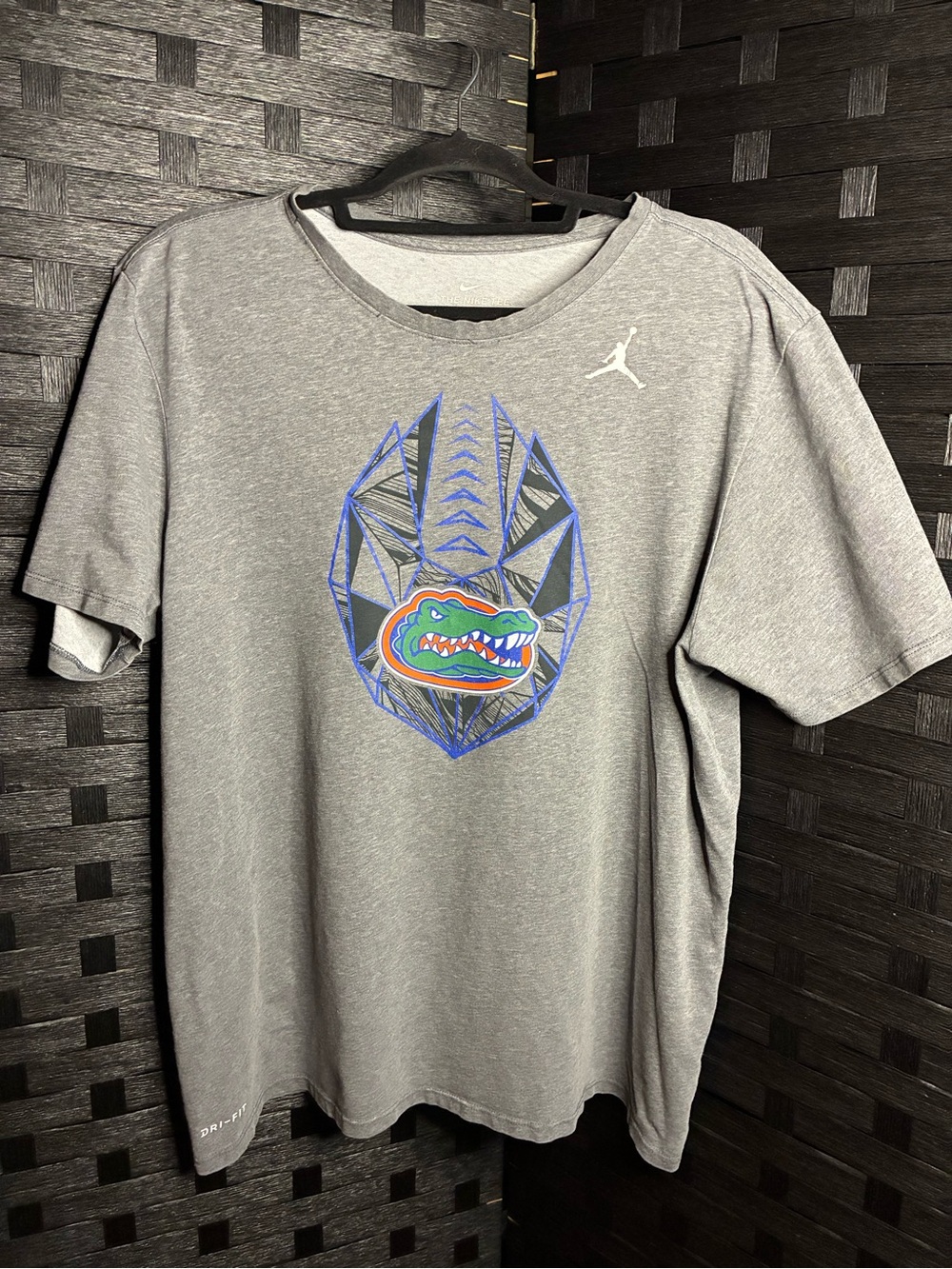 Nike Gray Short Sleeve Dri-FIT Graphic Tee with Blue & Green Gator Logo